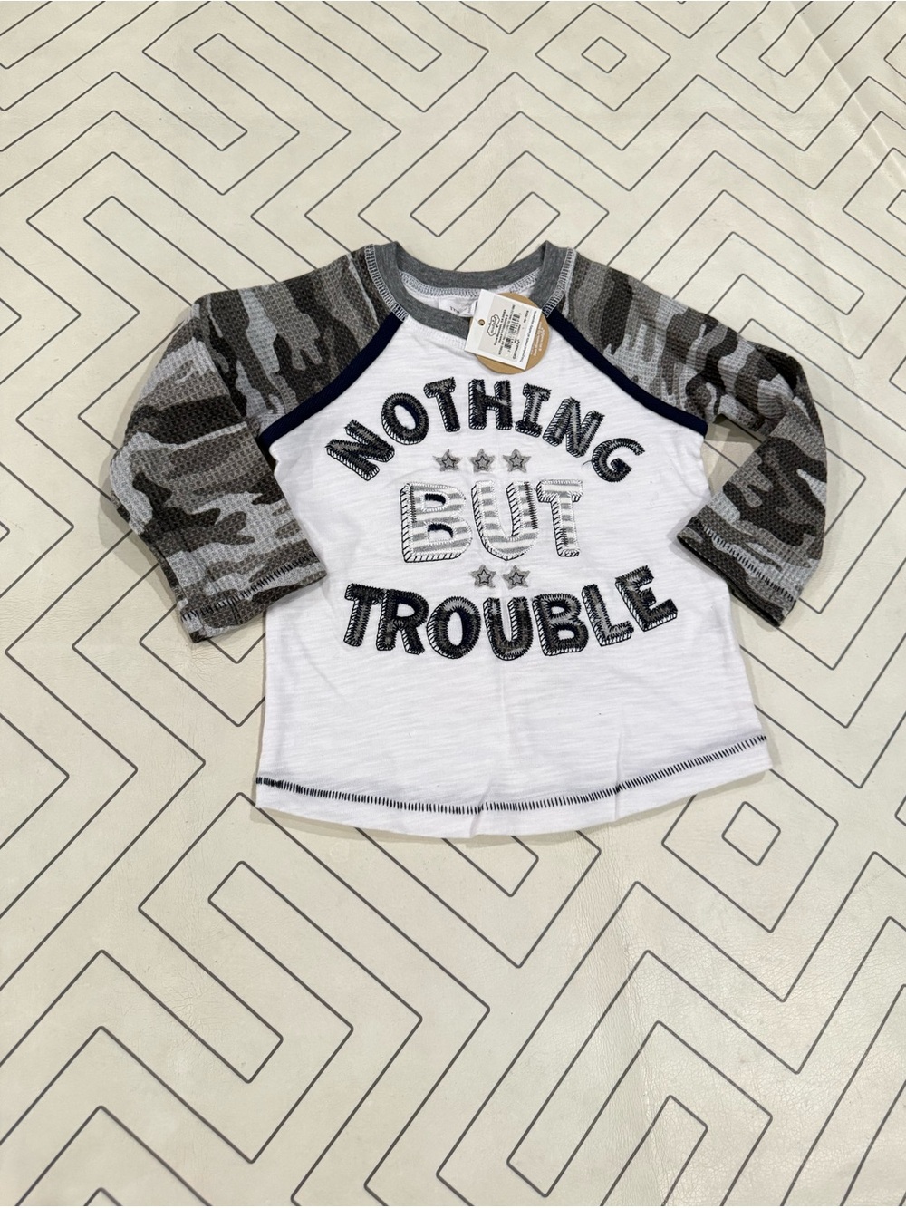 NWT Mud Pie 'Nothing But Trouble' Camo Raglan Shirt